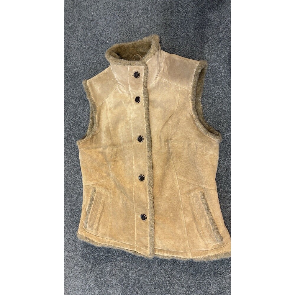 Eddie Bauer Seattle Suede Washable Leather Vest Size S - Tan Button Up Faux Fur - Picture 3 of 10